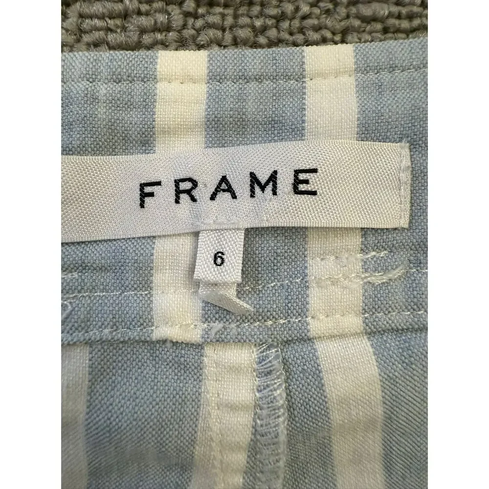 FRAME Women's 6 Casual Linen‎ Blend Shorts Chambray Light Blue Stripe